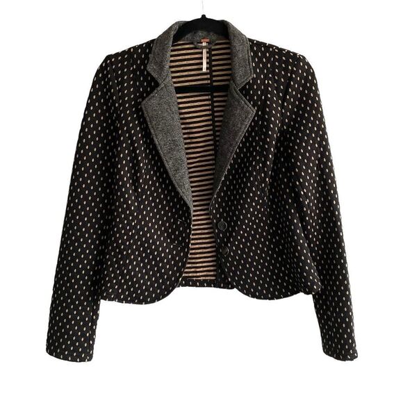 (SOLD) FREE PEOPLE Printed Cropped Blazer Black Camel S - Picture 1 of 16